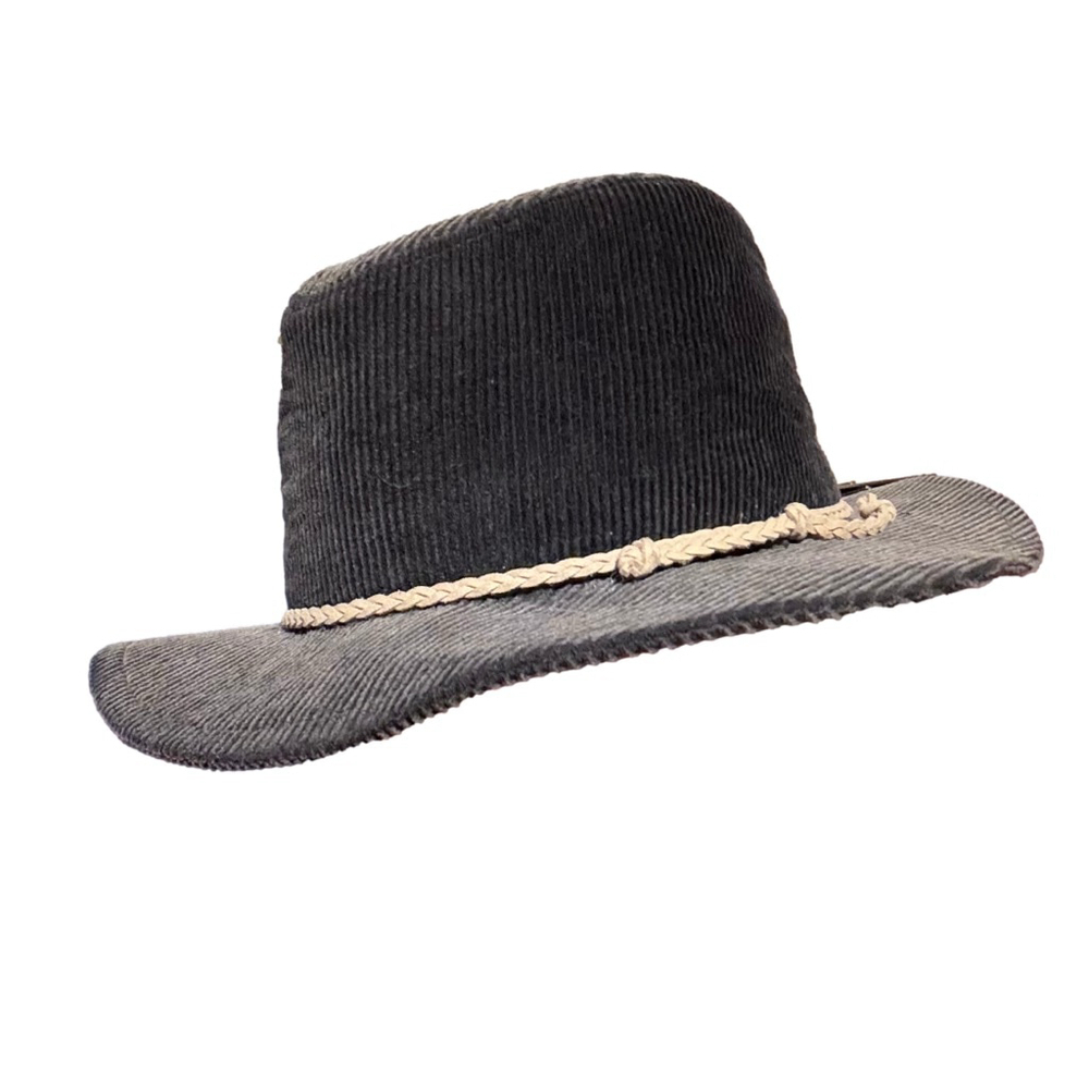 Melrose and Market Gray Corduroy Wide Brim Hat Beige Rope Band One Size Pre-owne